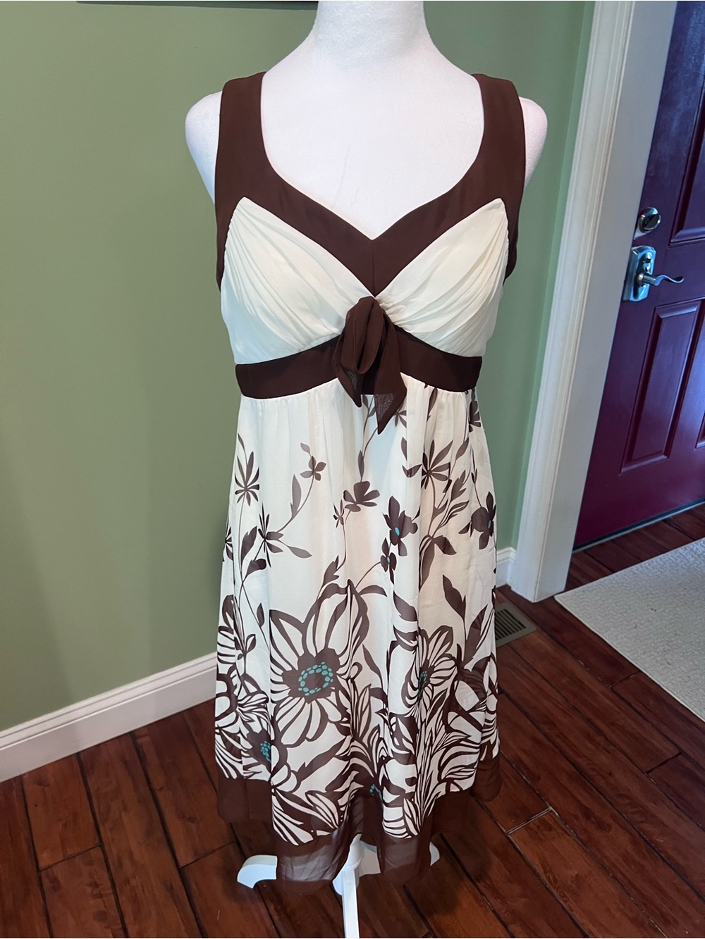 Signature by Sangria Cream and Brown Floral Tie-Front Midi Dress